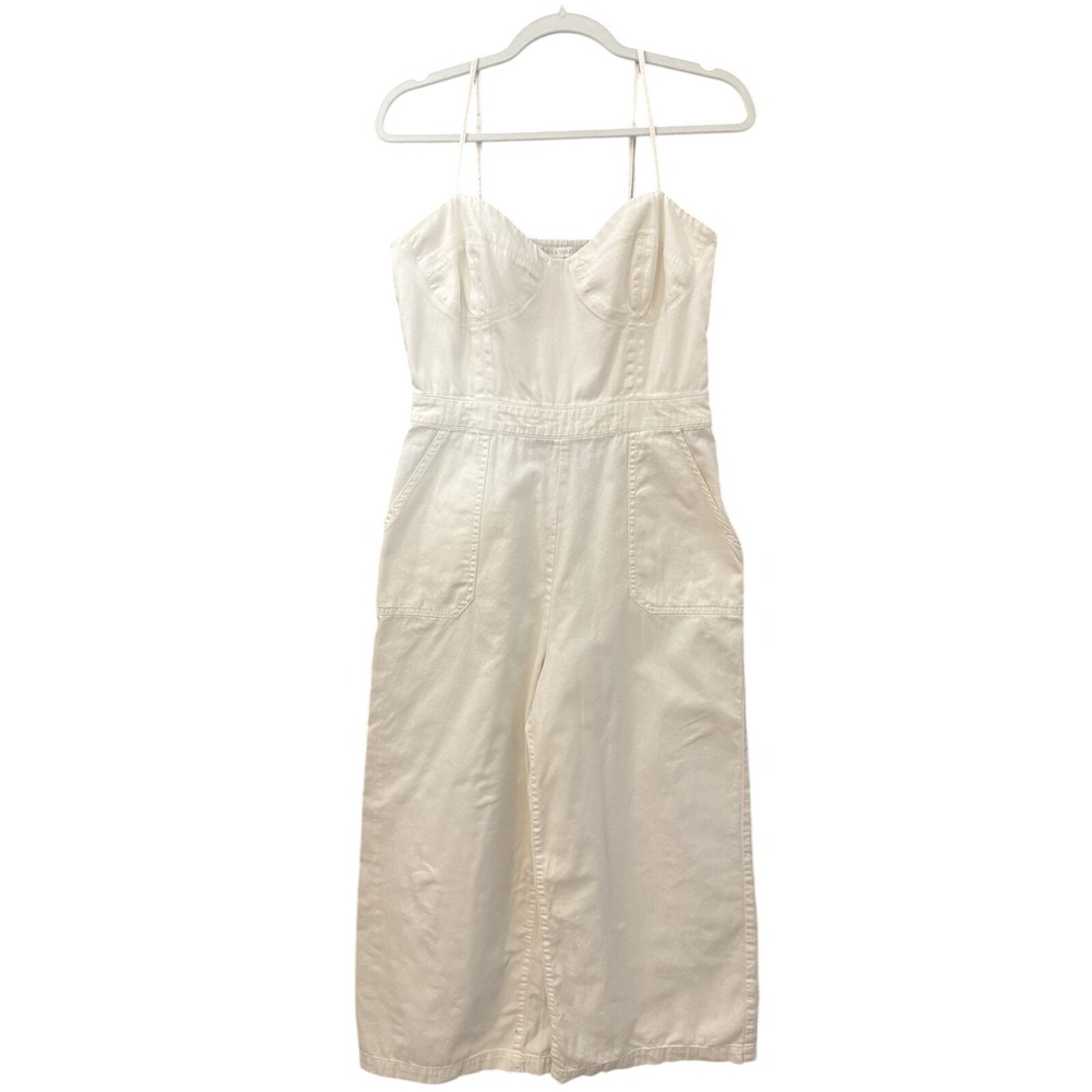 Chelsea & Violet Jumpsuit Womens Chambray Bustier Wide Leg Pockets Ivory/Beige 8